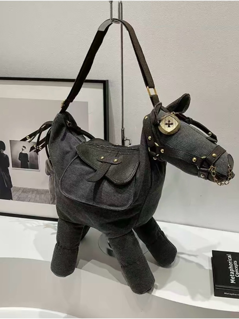 New Whimsical Dark Gray Horse Satchel Bag Shoulder Bag unique rare purse